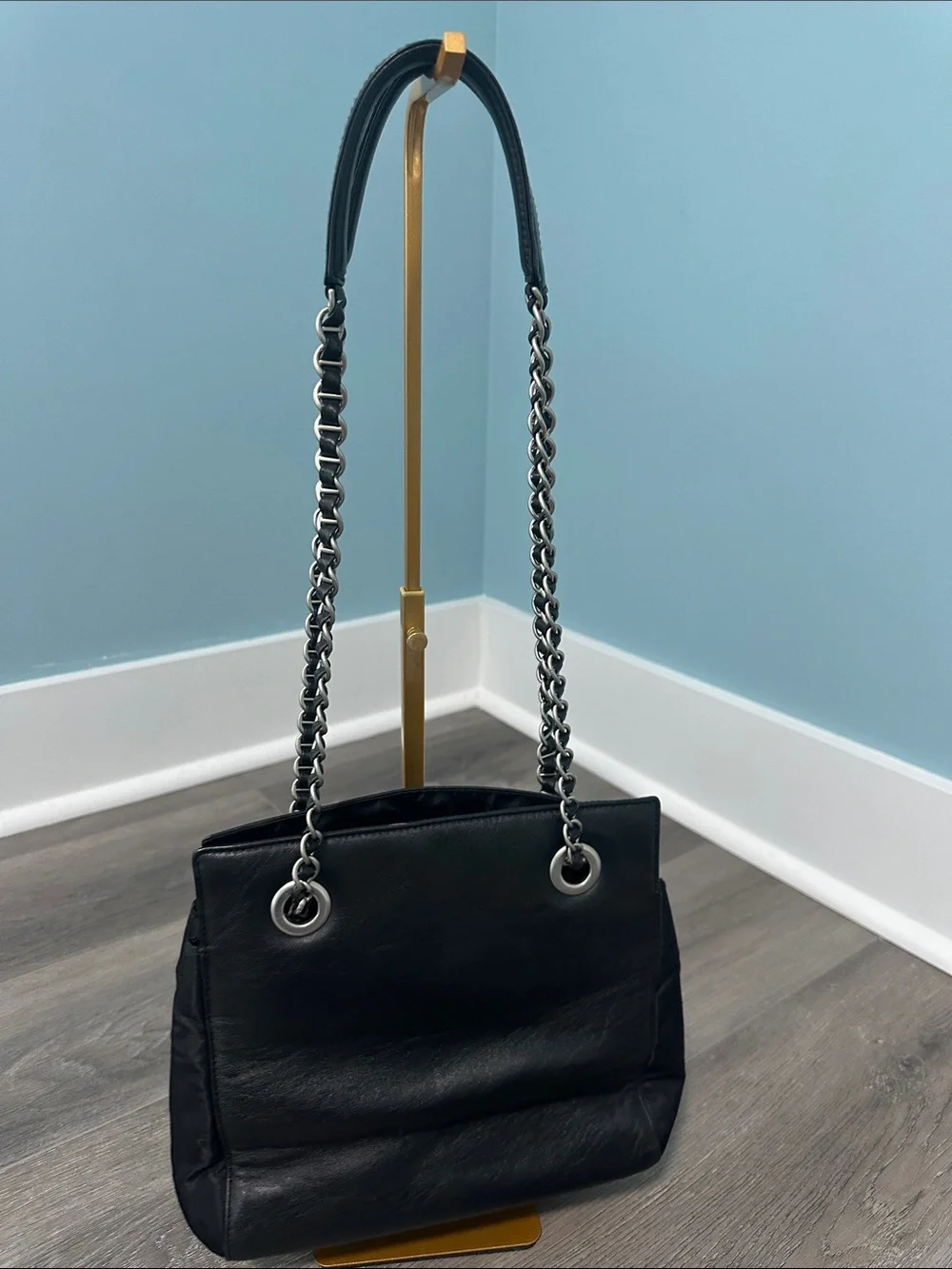 Used: Vintage Prada Black Leather Shoulder Bag with Silver Chain Straps